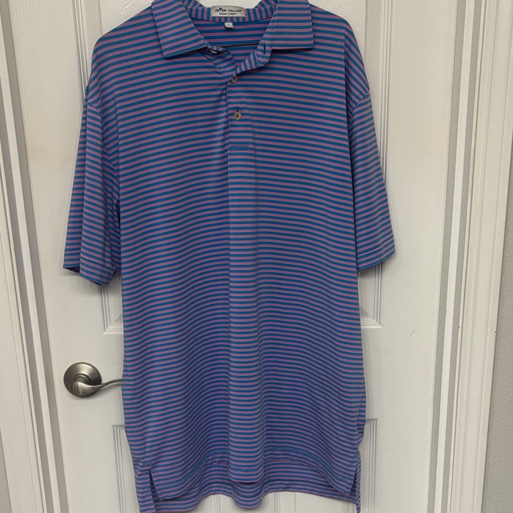 Peter Millar Large Blue Striped Poly/Spandex Golf Shirt Old Marsh Logo Size L